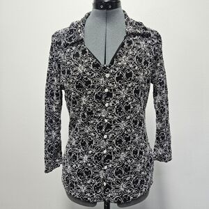 Brittany Black V Neck Collared Blouse Top Black Silver Floral Women's Large